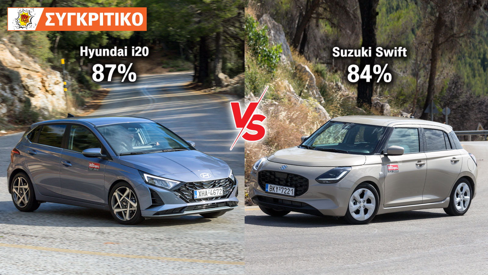 Συγκρίνουμε το Hyundai i20 με το Suzuki Swift και τα βαθμολογούμε.